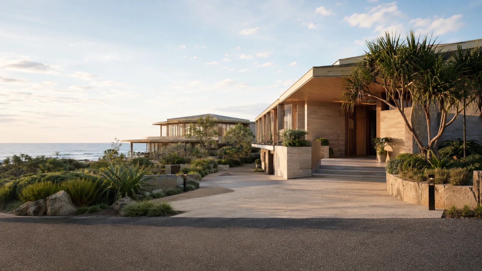 The arrival court at Roy Coast, a pale-sandstone resort above the beach at Cabarita Beach