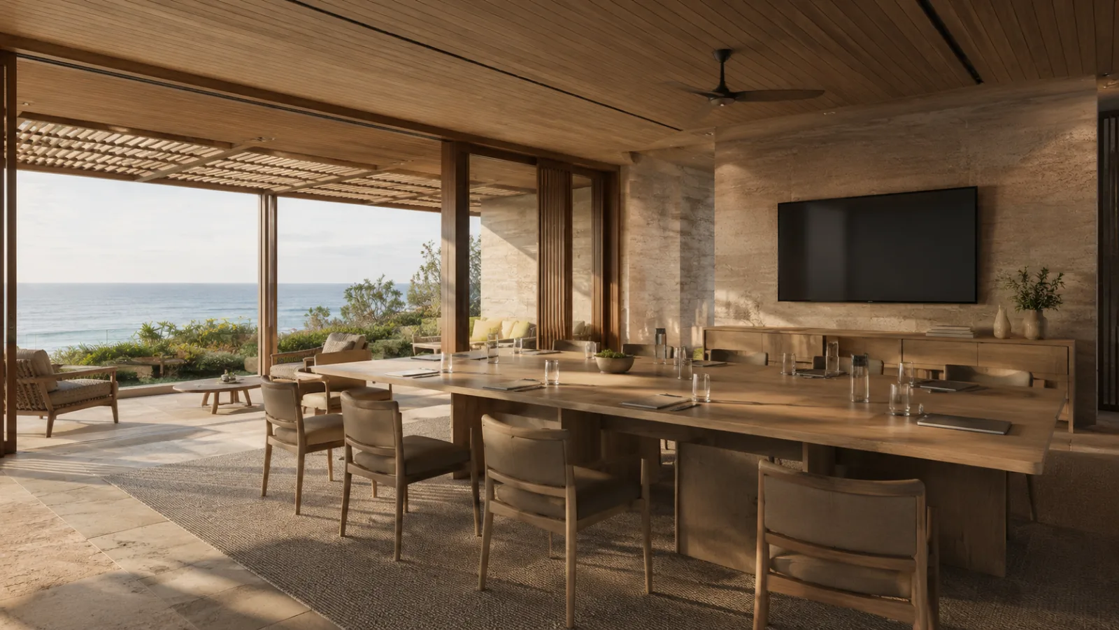 A meeting room in the private conference wing at Roy Coast, opening to the coast