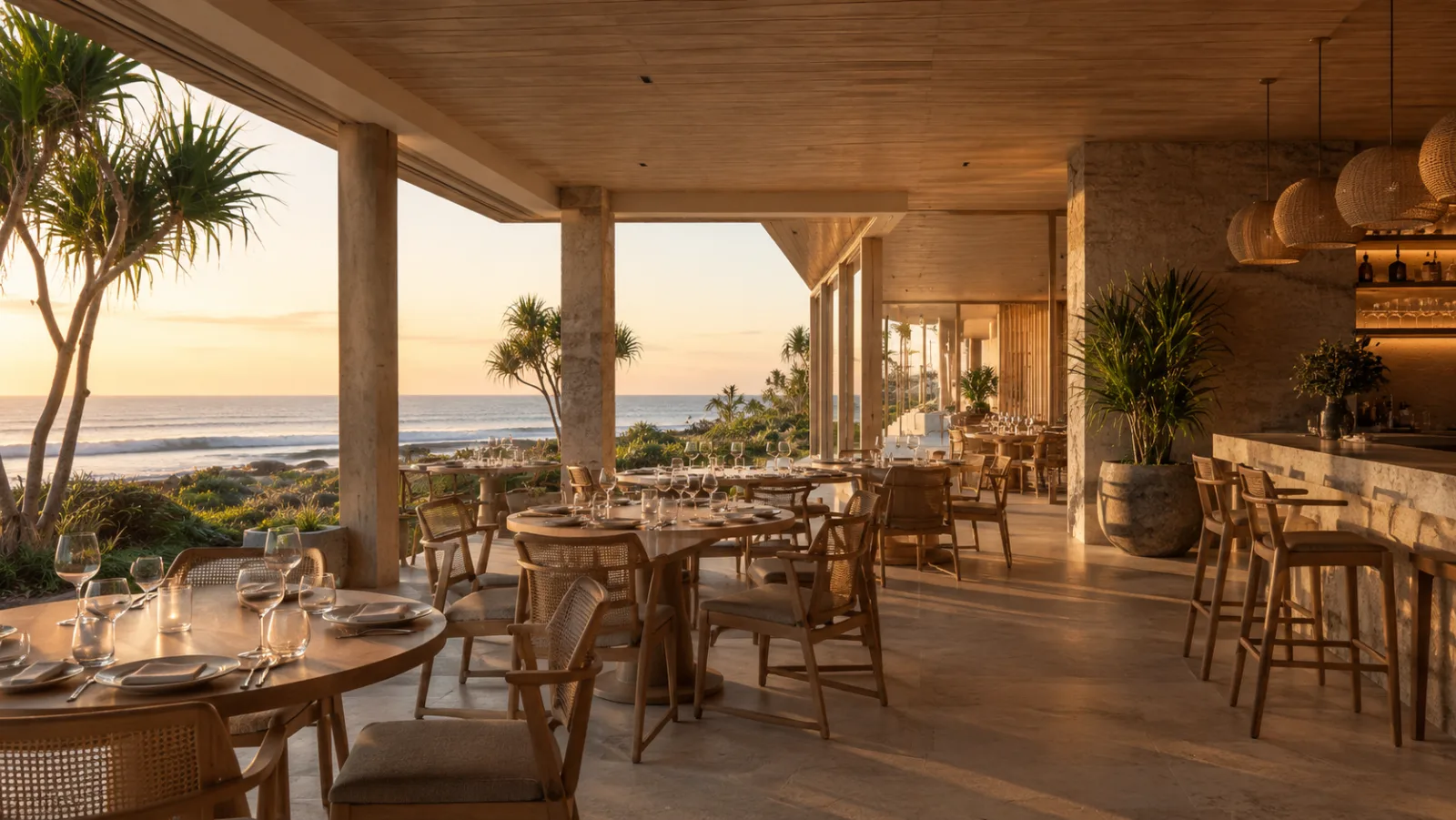 The open-air restaurant at Roy Coast at sunset, over the beach