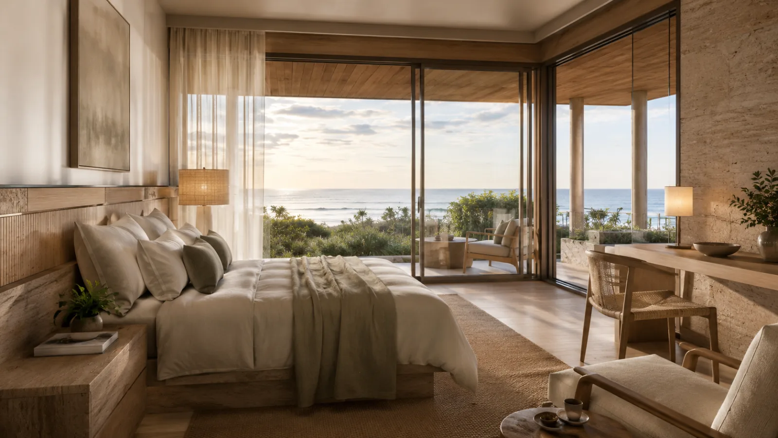 A guest suite at Roy Coast in natural fabrics, opening to a terrace and the ocean horizon