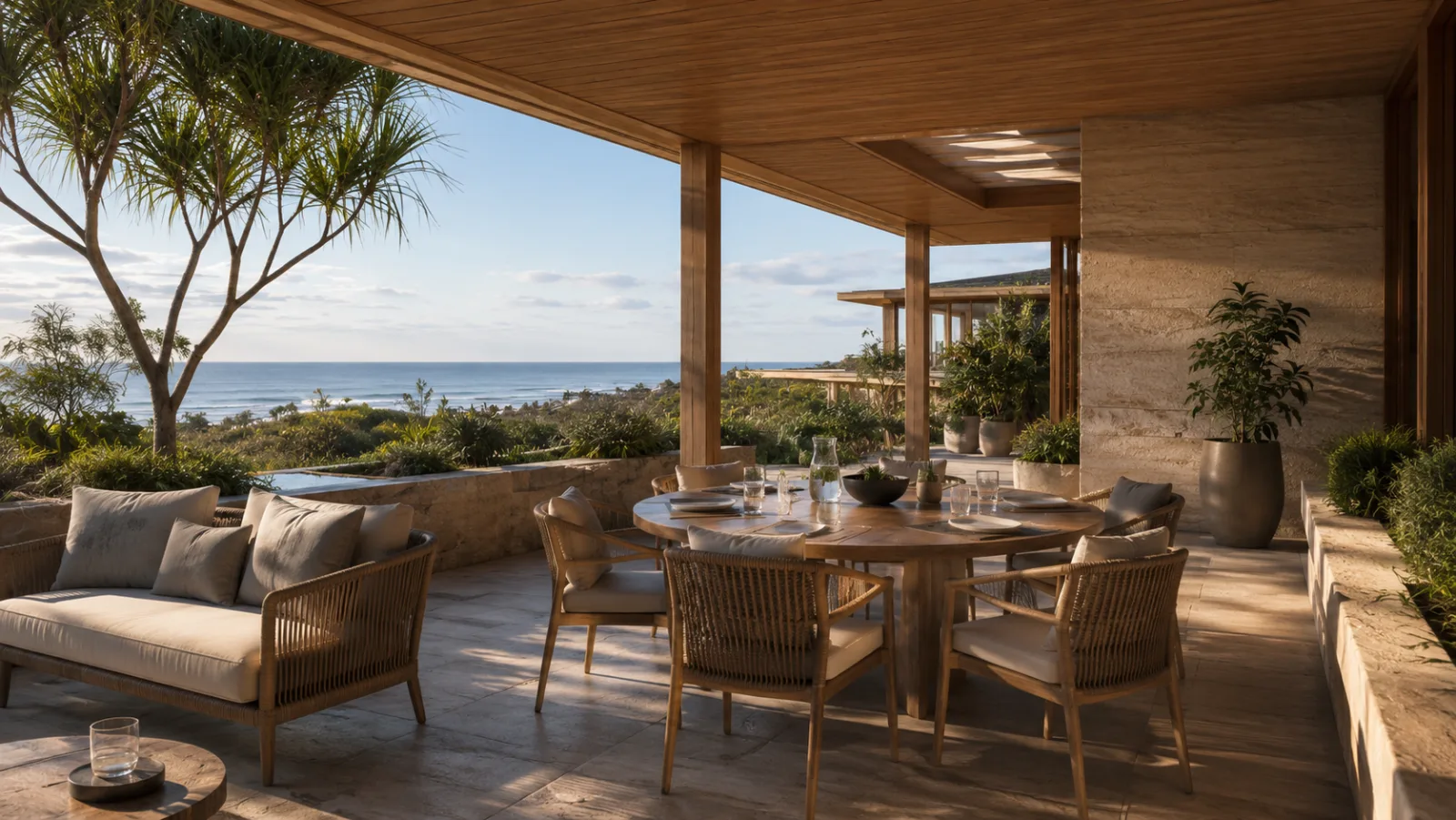 A protected terrace at Roy Coast with lounge and dining over the coastal landscape