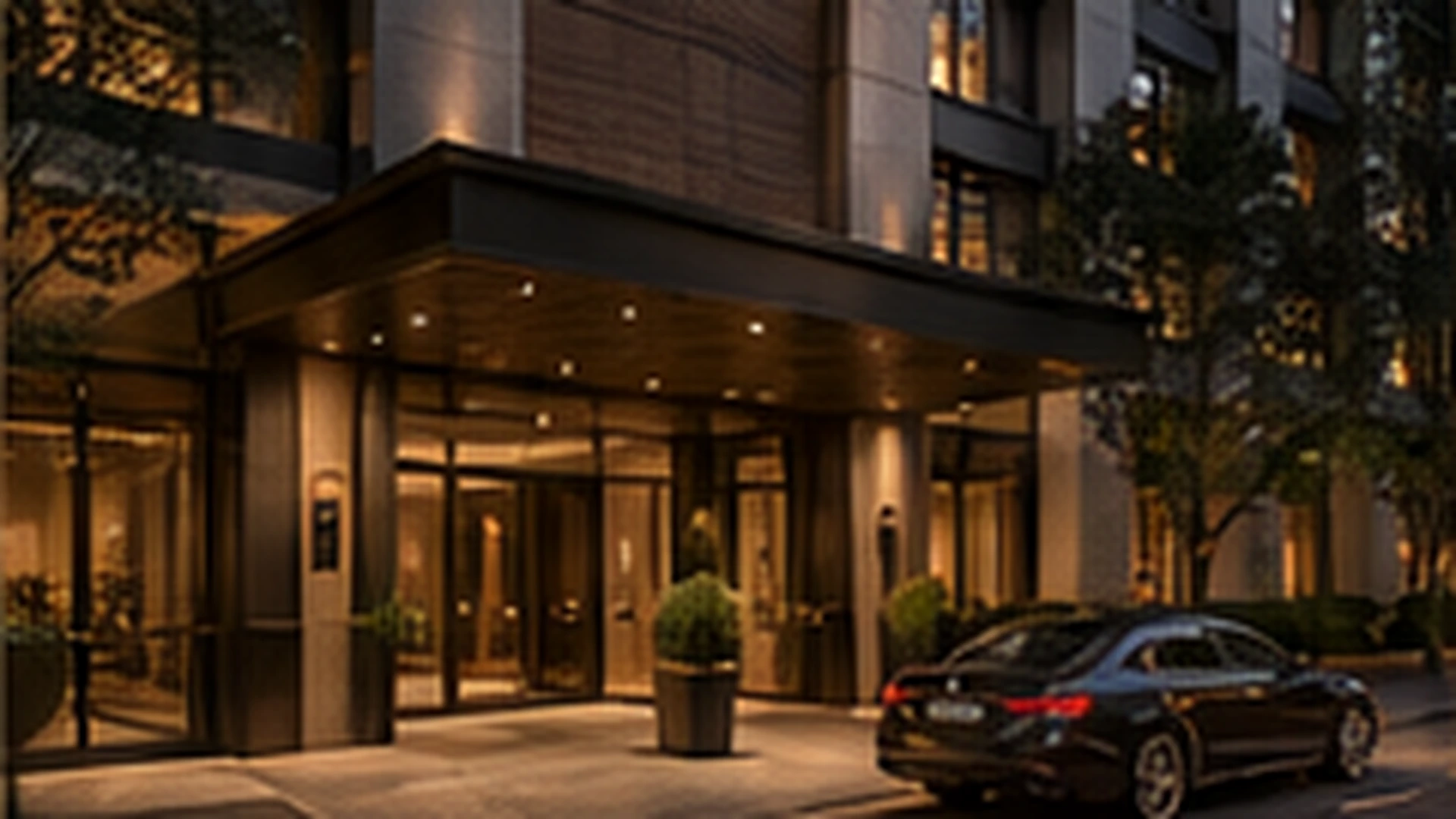 The porte-cochere arrival at Roy Grand Sydney in evening light, a car at the entrance