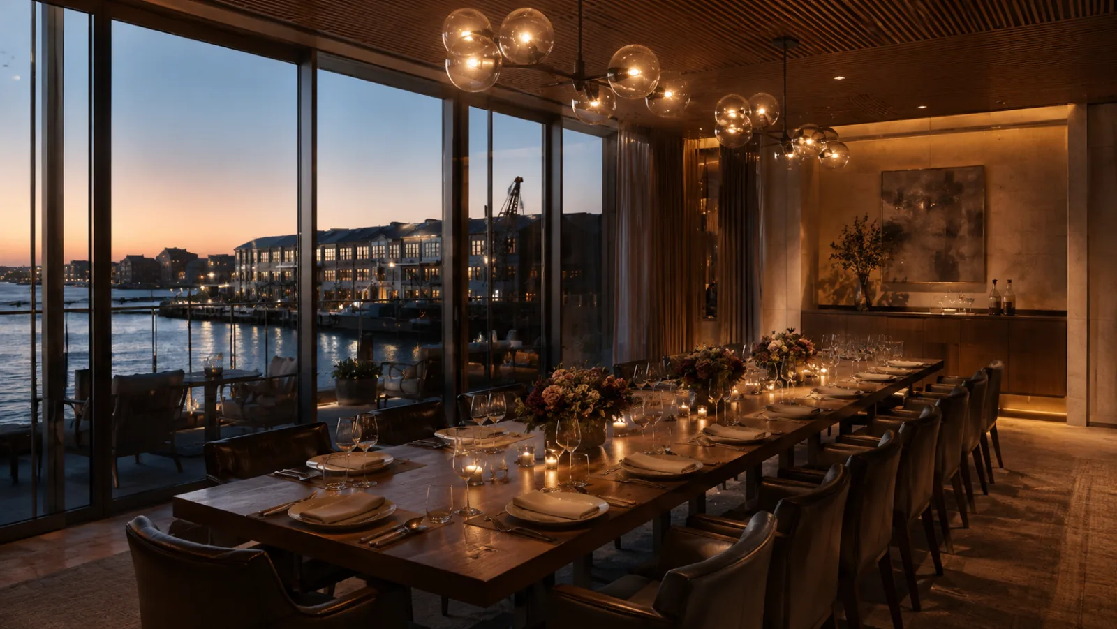 A private dining room at Roy Harbour set for an evening, the harbour at dusk beyond the glass