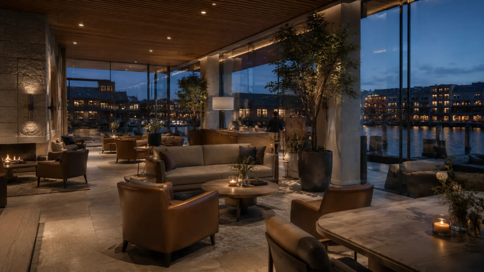 The fireside lounge and bar at Roy Harbour overlooking the harbour at dusk