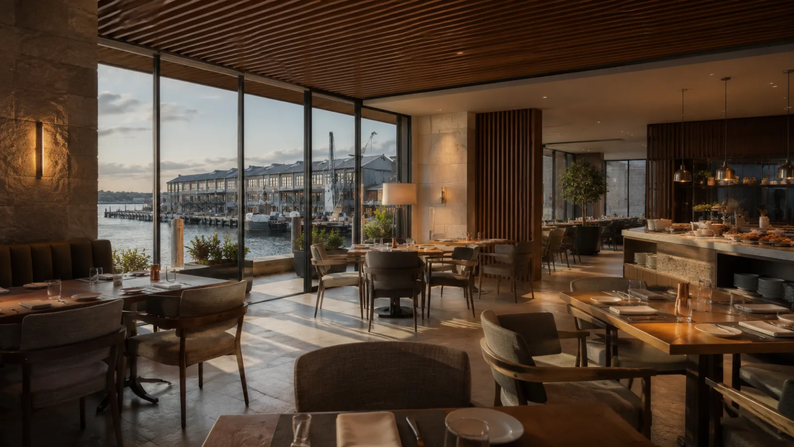 The waterfront restaurant at Roy Harbour in afternoon light over Walsh Bay