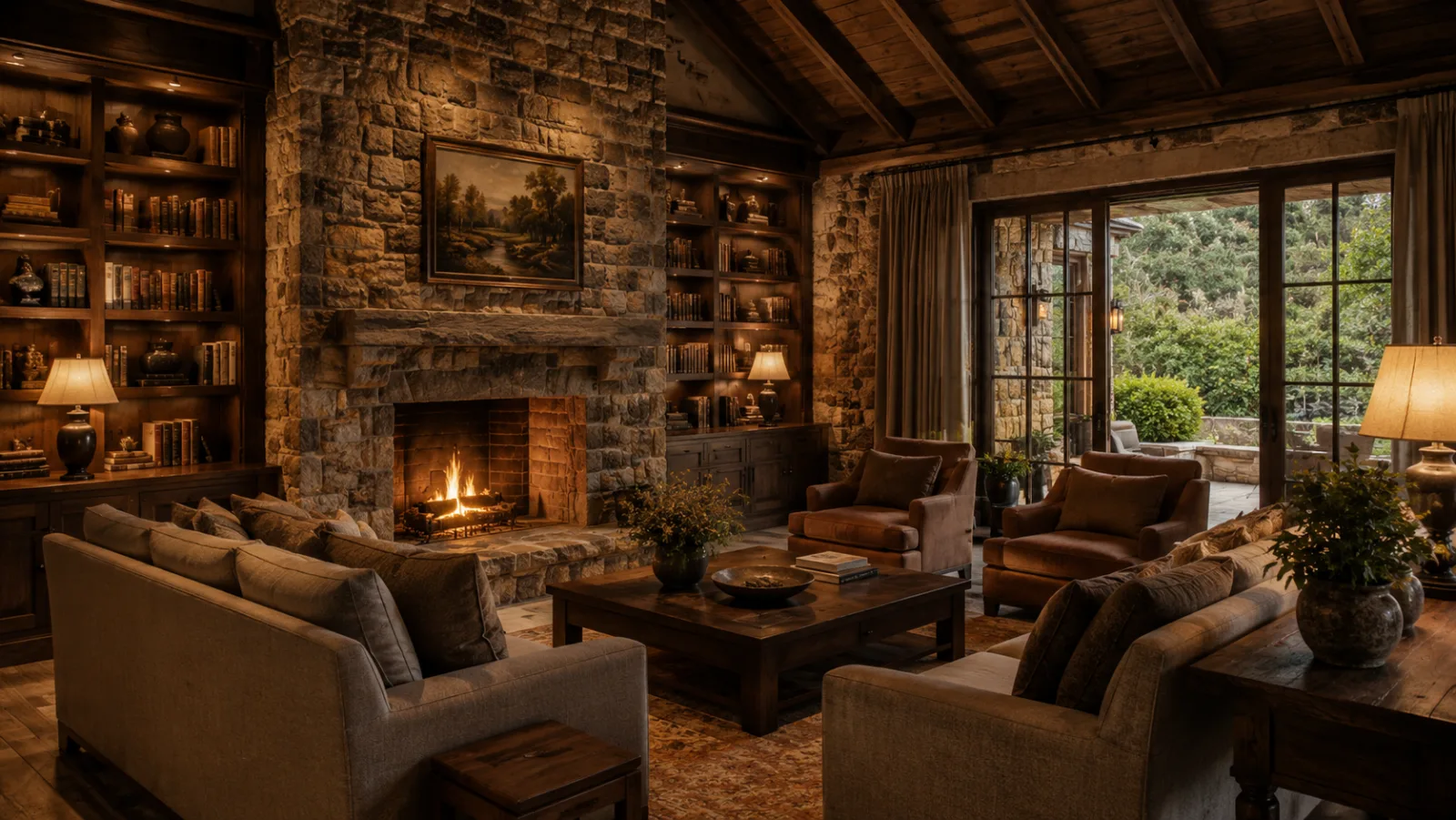 The fireside library lounge at Roy Hinterland with stone hearth and timber shelving