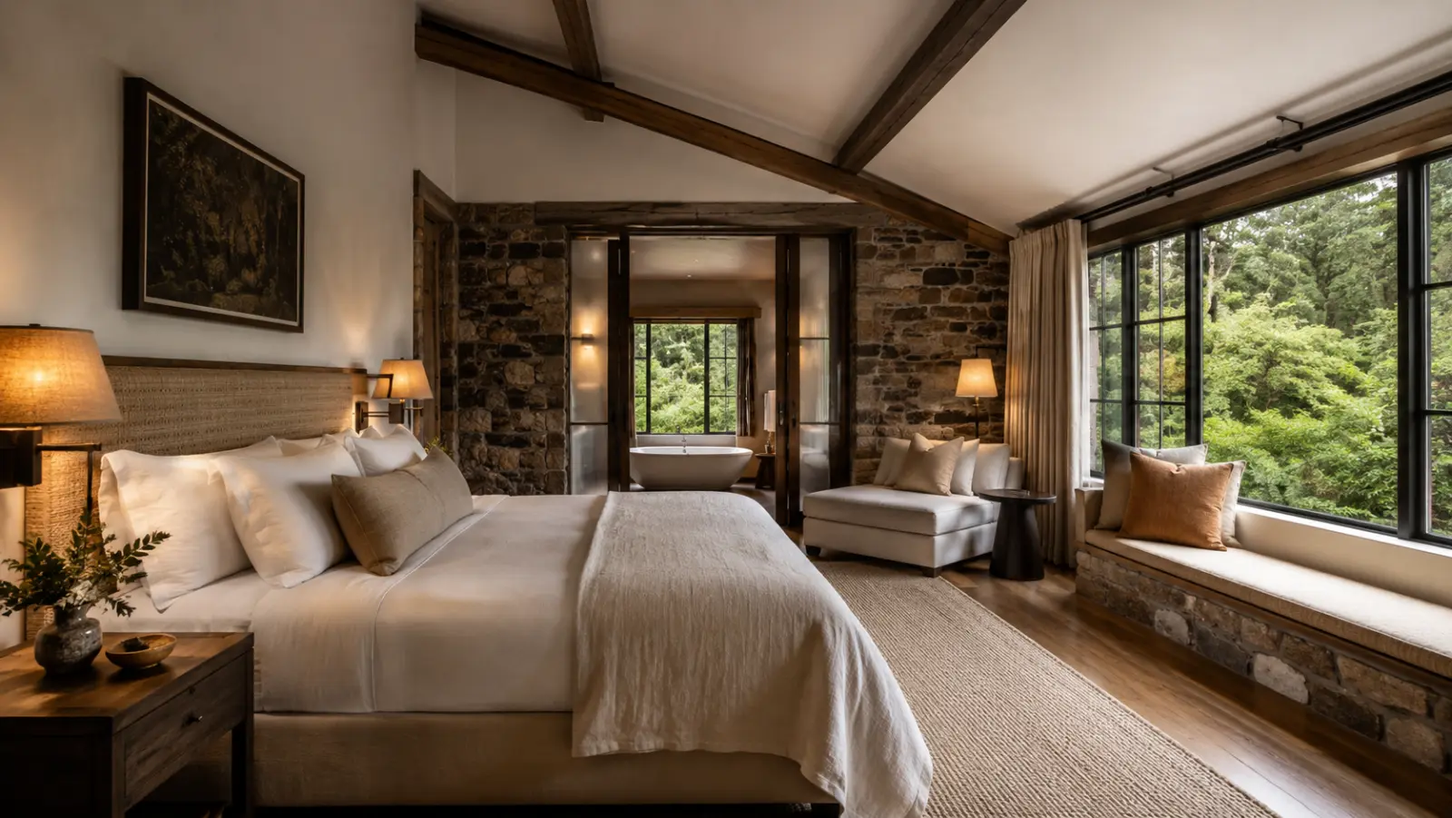 A large guest room at Roy Hinterland with views into the subtropical landscape
