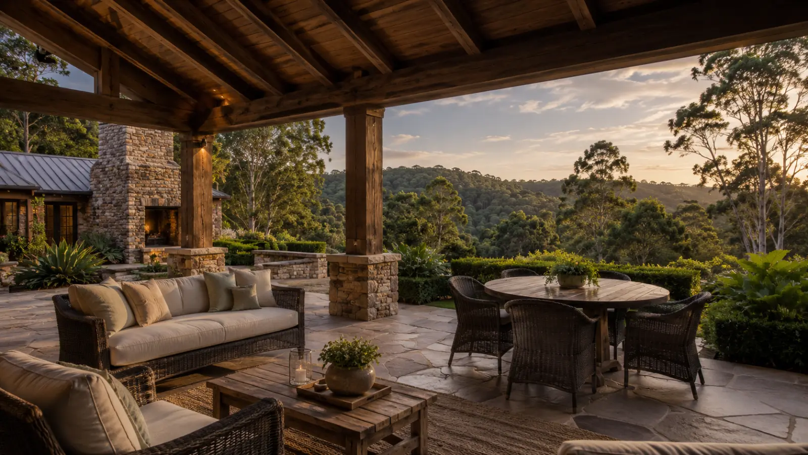 A deep covered veranda at Roy Hinterland overlooking the subtropical hinterland at sunset